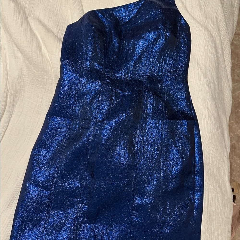 Metallic Blue asymmetrical neckline strapless dress